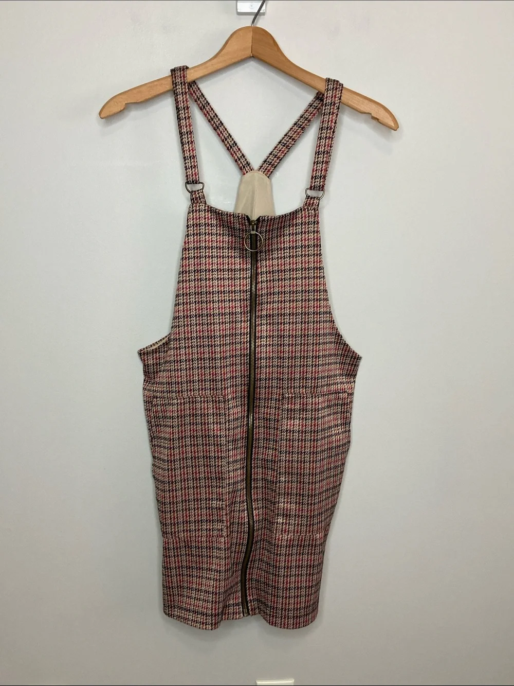 allison & kelly Plaid Pinafore Dress in Beige, Tan, Red, and Black, Size Large